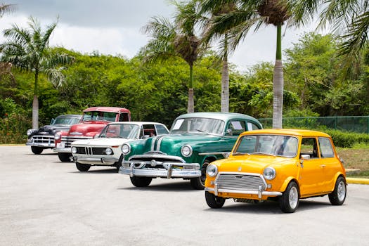 classic Ford cars lined up for display